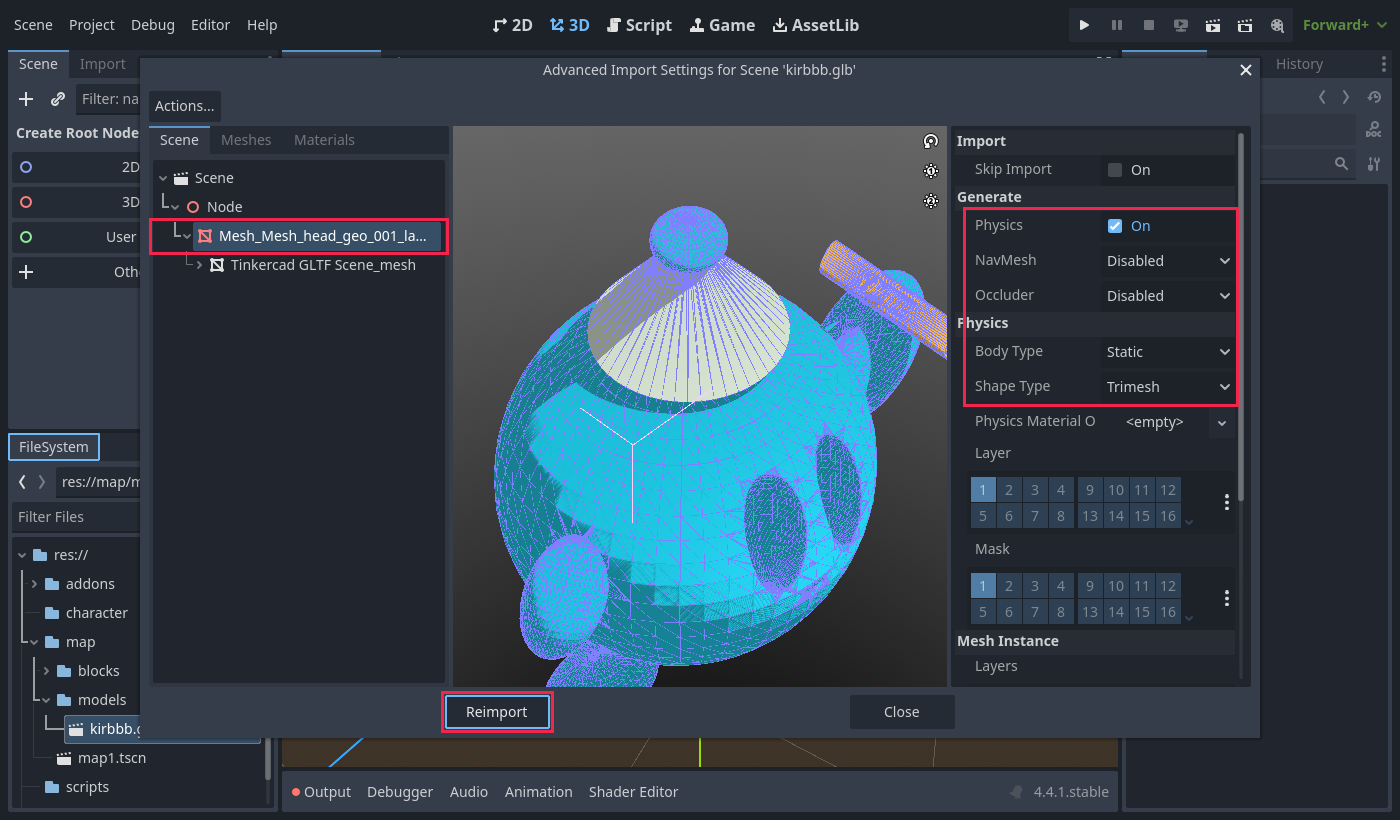 Advanced Import Settings with Physics on, Static body and Trimesh shape
