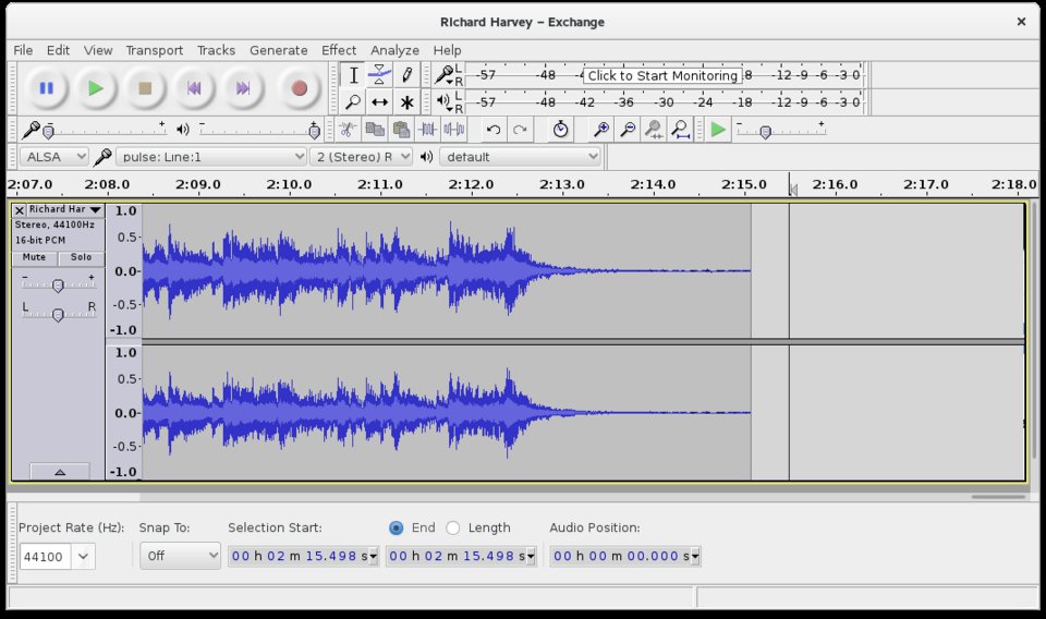 The Audacity sound editor showing a stereo music track as two blue waveforms; the track label reads Stereo, 44100Hz, 16-bit PCM