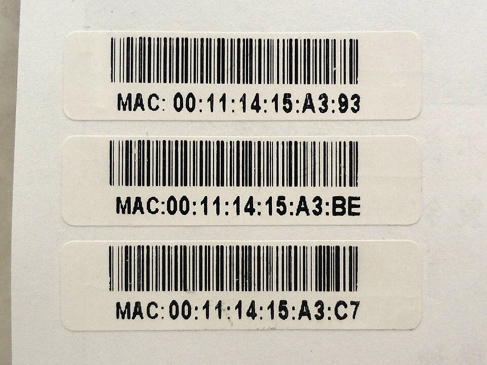 Three barcode stickers reading MAC 00:11:14:15:A3:93, 00:11:14:15:A3:BE and 00:11:14:15:A3:C7