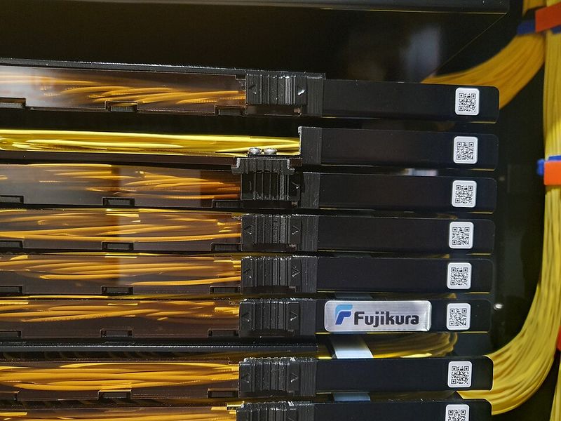 A stack of fibre-optic splice trays with bundles of yellow fibre cables