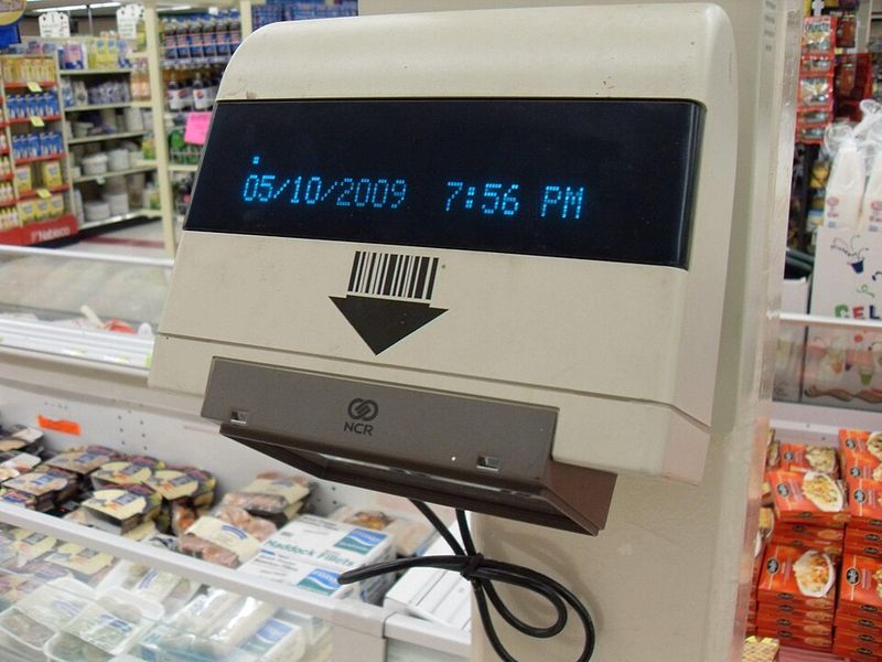 A wall-mounted barcode price scanner in a supermarket aisle