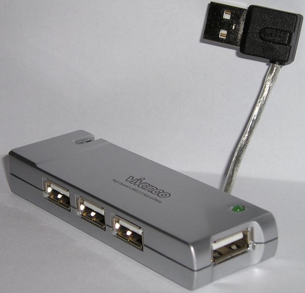 A slim four-port USB hub with its own USB lead