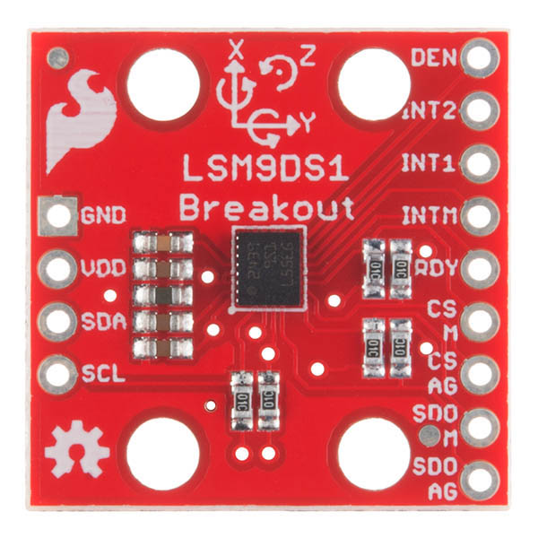 A small red circuit board carrying a motion-sensing chip with X, Y and Z axes printed on it