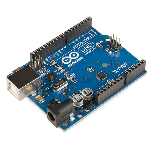 A blue Arduino Uno board with a USB socket, power socket and rows of pin headers