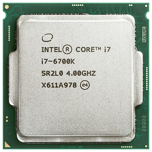 The top of an Intel Core i7 processor: a square metal lid on a green circuit board, printed with its model number and 4.00 GHz