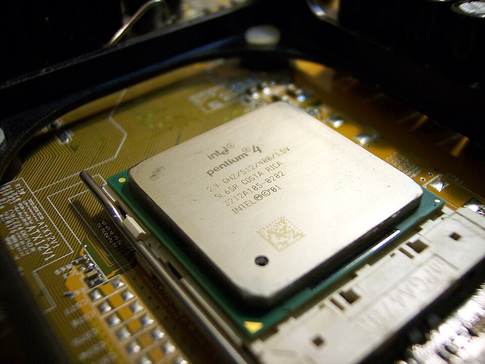 An Intel Pentium 4 processor fitted in its socket on a motherboard