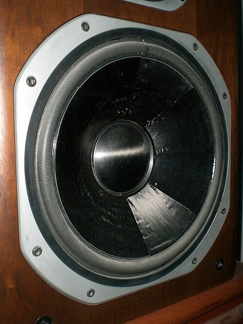 A large loudspeaker driver in a wooden cabinet, showing its dark cone and central dust cap