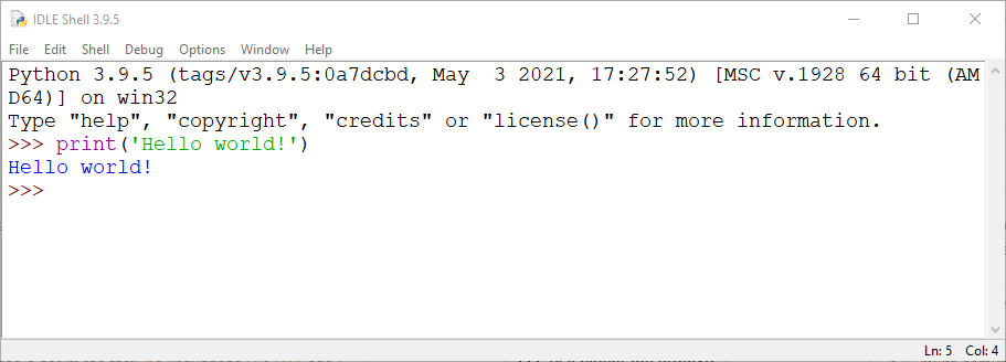 Python's IDLE shell window showing a print statement in colour and its output