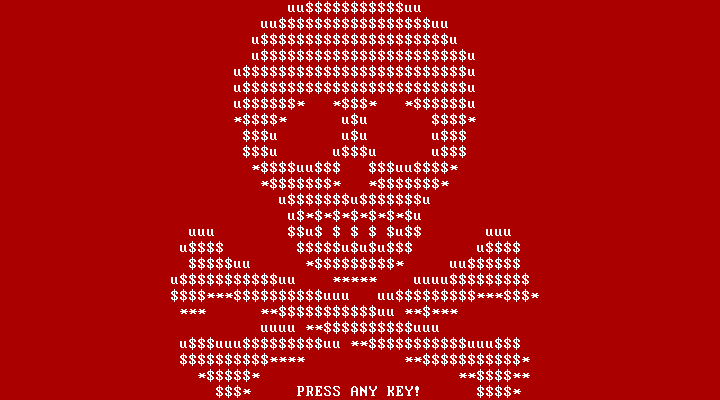 A red screen with a skull drawn in text characters and the words PRESS ANY KEY