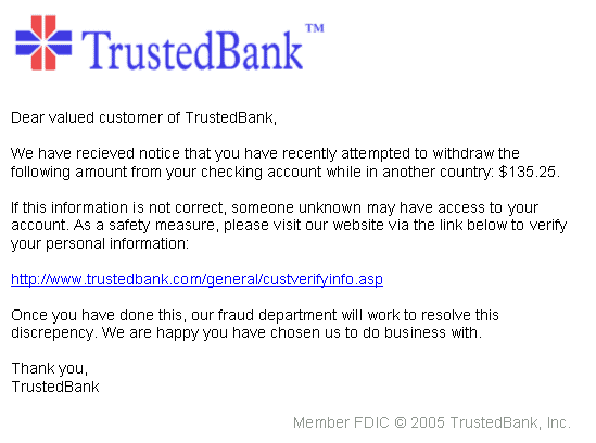 A sample phishing email from a made-up bank called TrustedBank, asking the reader to verify personal information through a link