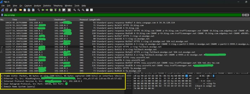 Screenshot of packet-analysis software listing captured network packets with source, destination and protocol columns