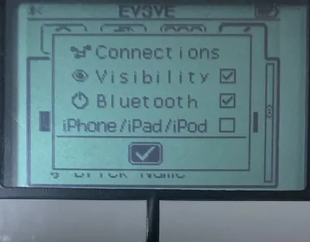 The EV3 Bluetooth settings screen showing Connections, Visibility ticked, Bluetooth ticked, and iPhone/iPad/iPod unticked.