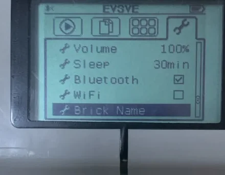 The EV3 settings screen with Brick Name highlighted at the bottom of the list.