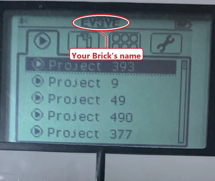 The EV3 Brick's home screen with the name EV3VE circled in red at the top of the display, labelled Your Brick's name.