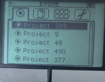 The EV3 Brick screen showing the first tab: a list of recent projects — Project 393, Project 9, Project 49, Project 490, Project 377.