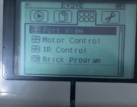 The EV3 Brick screen showing the third tab with four entries: Port View highlighted, Motor Control, IR Control and Brick Program.