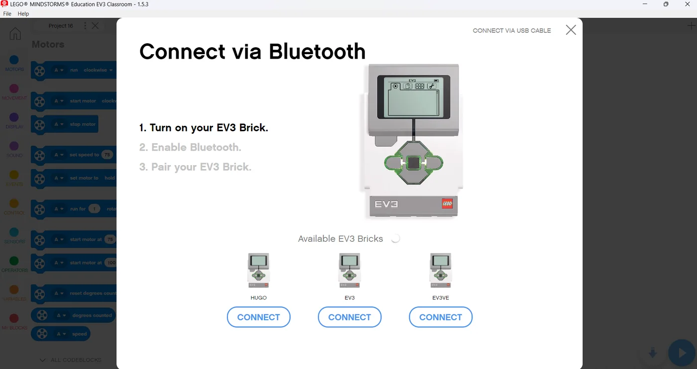 The Connect via Bluetooth dialog in EV3 Classroom listing three available bricks named HUGO, EV3 and EV3VE, each with a CONNECT button.