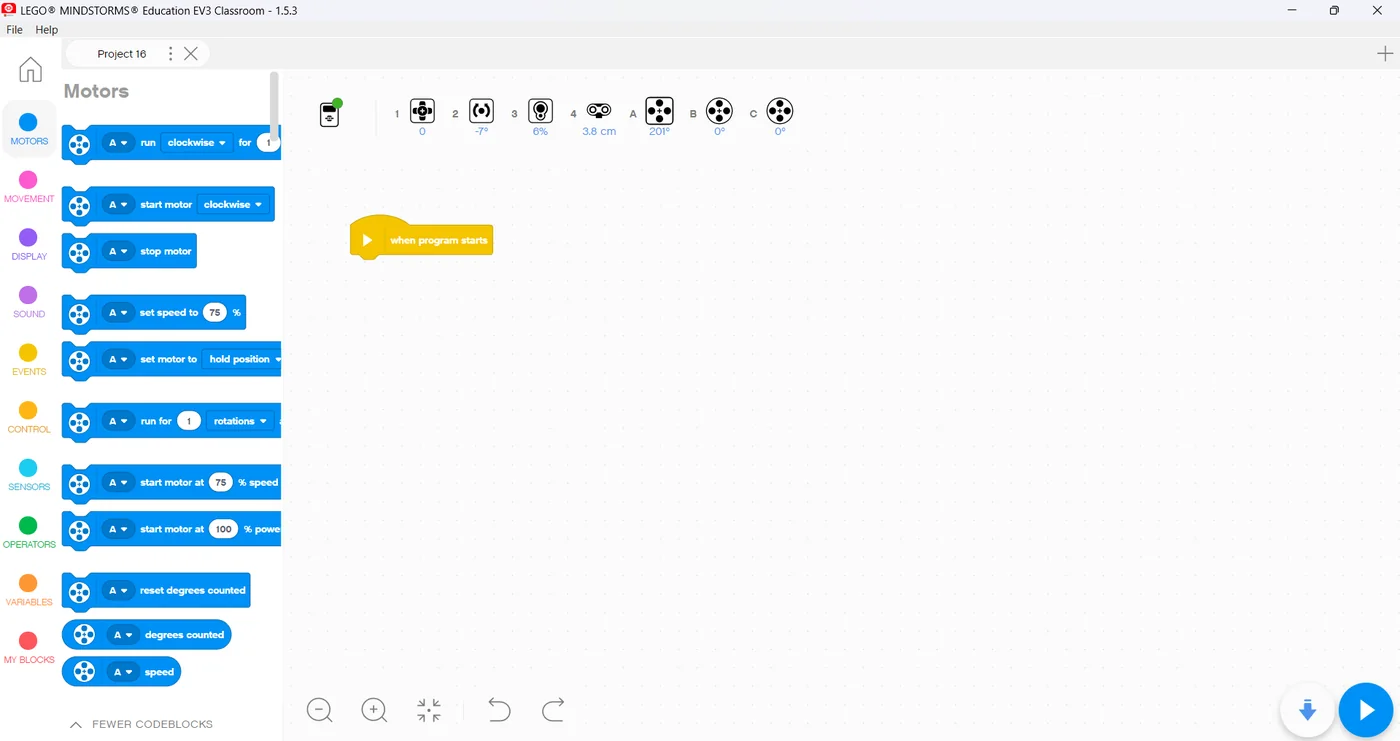 EV3 Classroom after connecting: the Brick icon shows a green dot and a row of live port readings appears beside it.