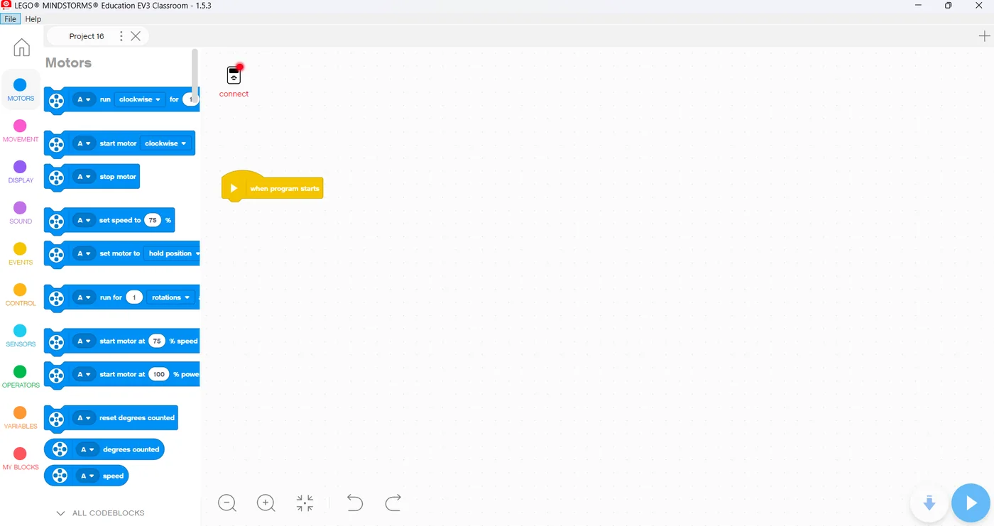 EV3 Classroom with the Brick icon at the top of the canvas showing a red dot and the word connect underneath.
