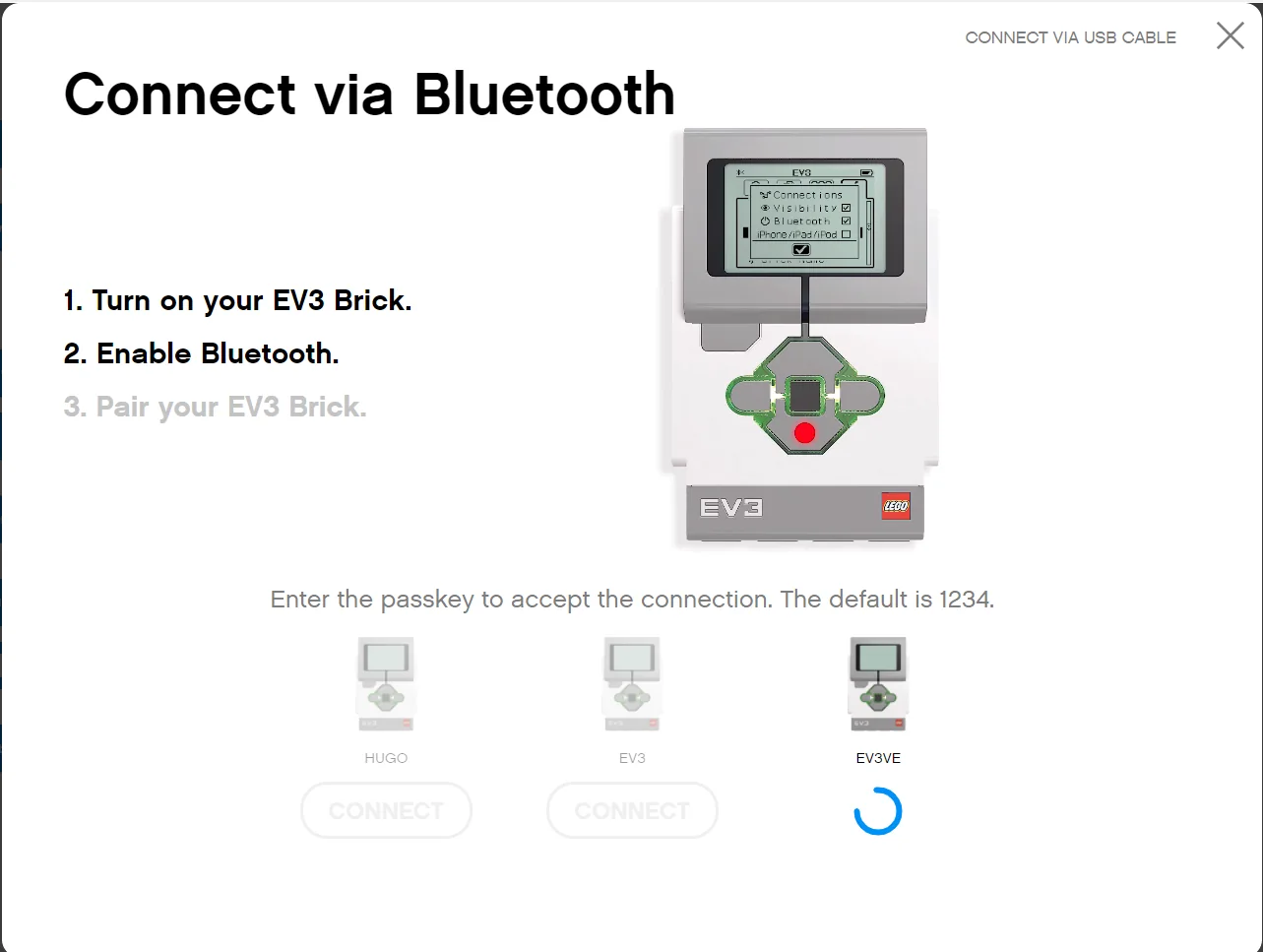 The EV3 Classroom pairing dialog with steps 1 and 2 complete, EV3VE showing a spinner, and the message: Enter the passkey to accept the connection. The default is 1234.