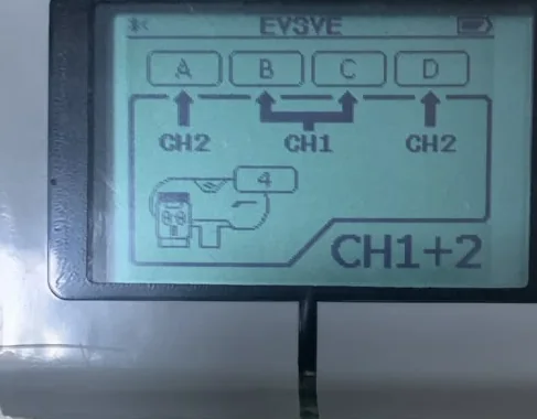 EV3 Brick IR Control screen showing ports A B C D with channel assignments CH2, CH1 and CH2, labelled CH1+2.