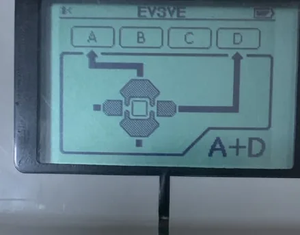 EV3 Brick Motor Control screen with ports A and D selected, marked A+D.