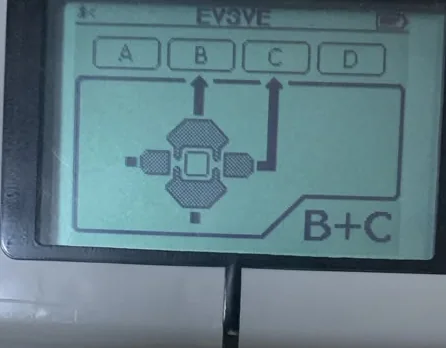 EV3 Brick Motor Control screen with ports B and C selected, marked B+C.