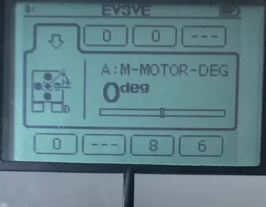 EV3 Port View showing port A as A:M-MOTOR-DEG with a reading of 0 degrees.