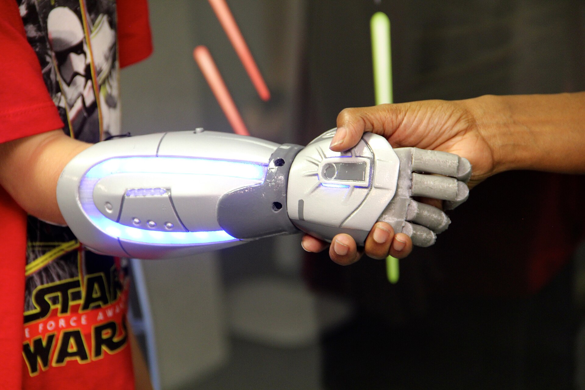 A 3D-printed bionic prosthetic hand with articulated fingers.