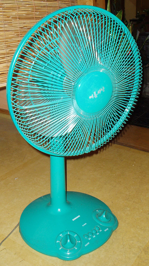 A teal pedestal electric fan with a round blade guard, central hub and a base with speed controls.