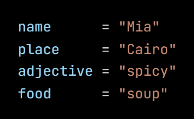 Python code from the lesson, beginning name      = "Mia"