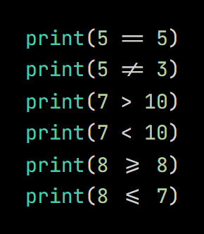 Python code from the lesson, beginning print(5 == 5)