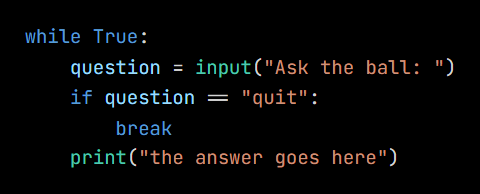 Python code from the lesson, beginning while True: