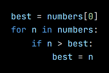 Python code from the lesson, beginning best = numbers[0]