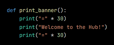 Python code from the lesson, beginning def print_banner():