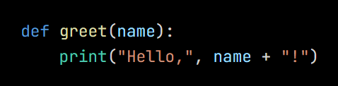 Python code from the lesson, beginning def greet(name):