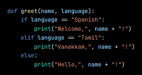 Python code from the lesson, beginning def greet(name, language):