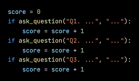 Python code from the lesson, beginning score = 0