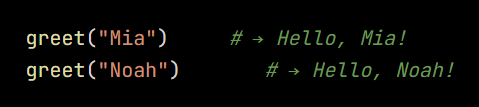 Python code from the lesson, beginning greet("Mia")     # → Hello, Mia!