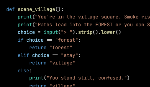 Python code from the lesson, beginning def scene_village():