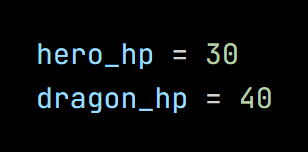 Python code from the lesson, beginning hero_hp = 30