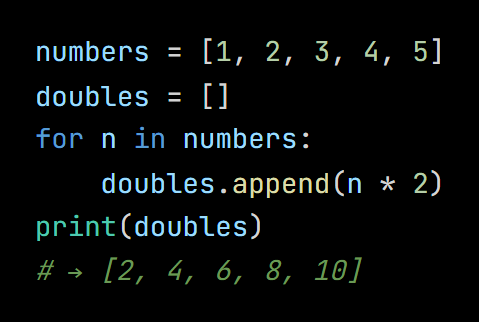 Python code from the lesson, beginning numbers = [1, 2, 3, 4, 5]
