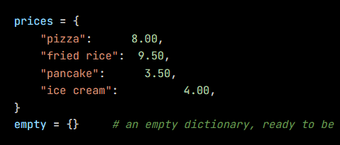 Python code from the lesson, beginning prices = {