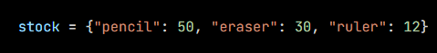 Python code from the lesson, beginning stock = {"pencil": 50, "eraser": 30, "ruler": 12}