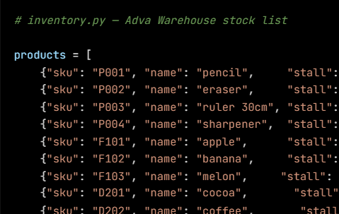 Python code from the lesson, beginning # inventory.py — Adva Warehouse stock list