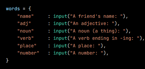 Python code from the lesson, beginning words = {