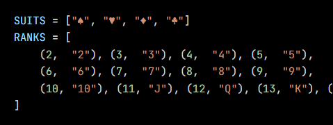 Python code from the lesson, beginning SUITS = ["♠", "♥", "♦", "♣"]