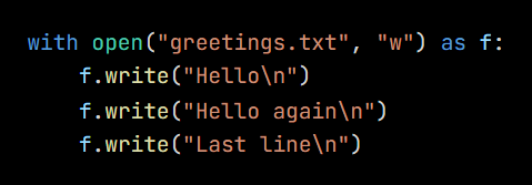 Python code from the lesson, beginning with open("greetings.txt", "w") as f: