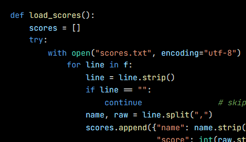 Python code from the lesson, beginning def load_scores():