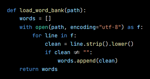 Python code from the lesson, beginning def load_word_bank(path):